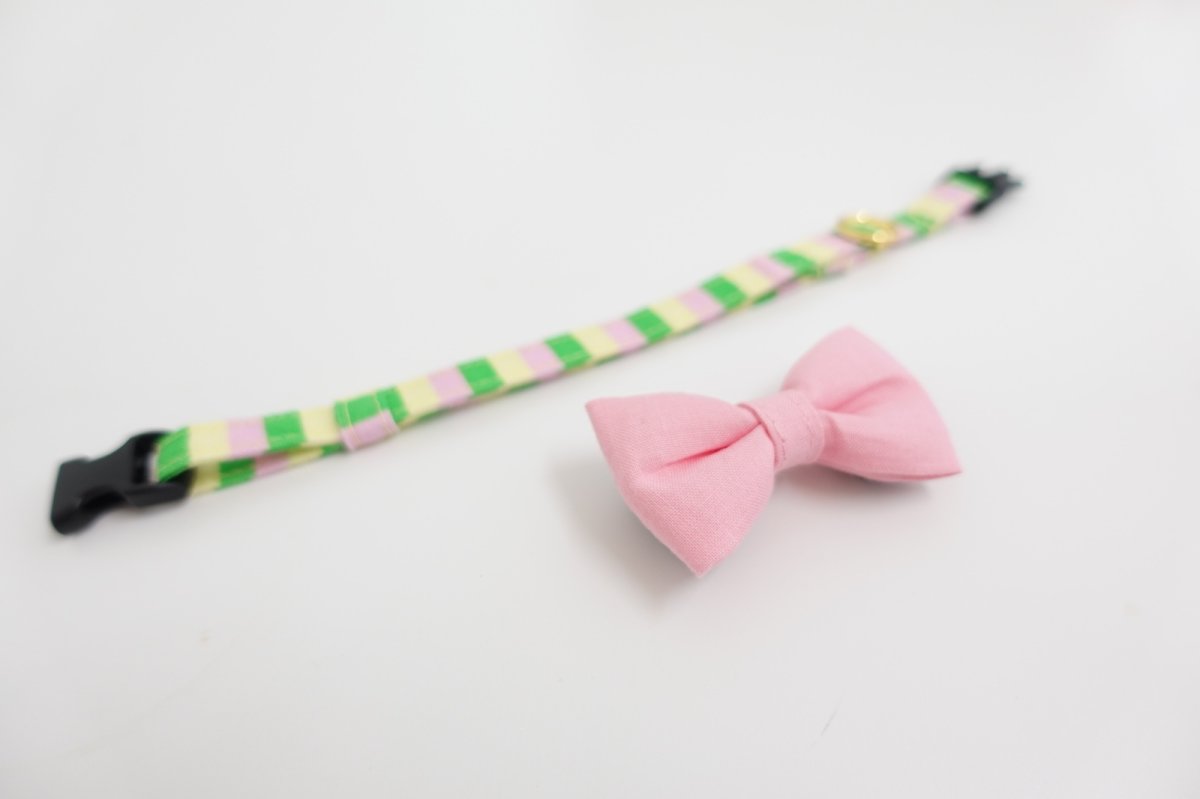 画像6: Nonbillieオリジナルボーダー柄・リボン首輪(ピンク×グリーン×クリームイエロー) (6)