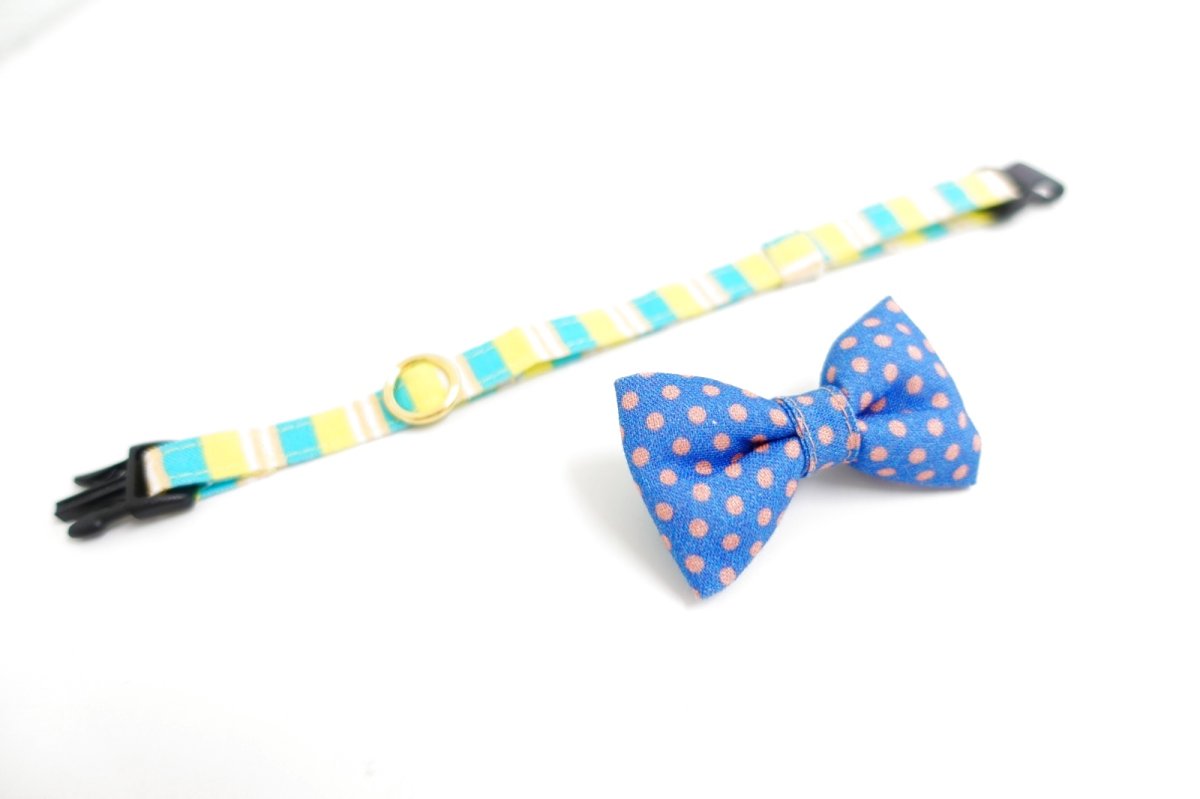 画像6: Nonbillieオリジナルボーダー柄・リボン首輪（イエロー×ブルー×ベージュ） (6)