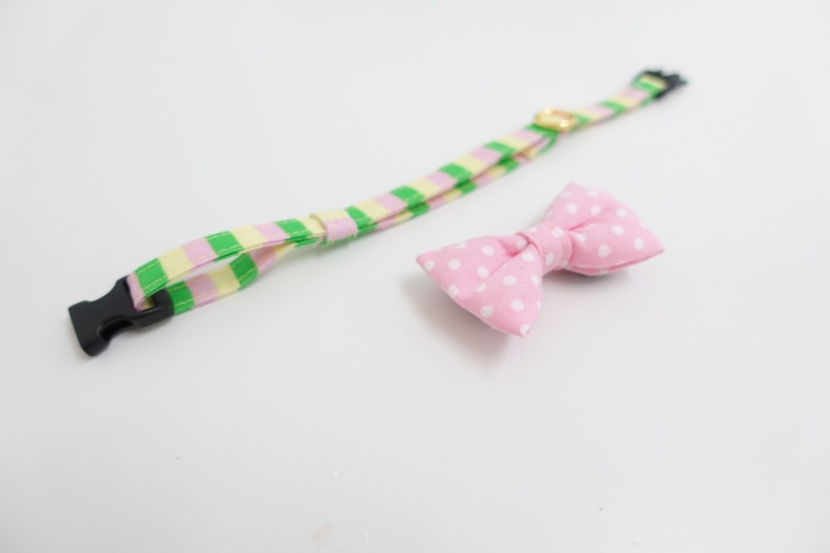 画像8: Nonbillieオリジナルボーダー柄・リボン首輪(ピンク×グリーン×クリームイエロー) (8)