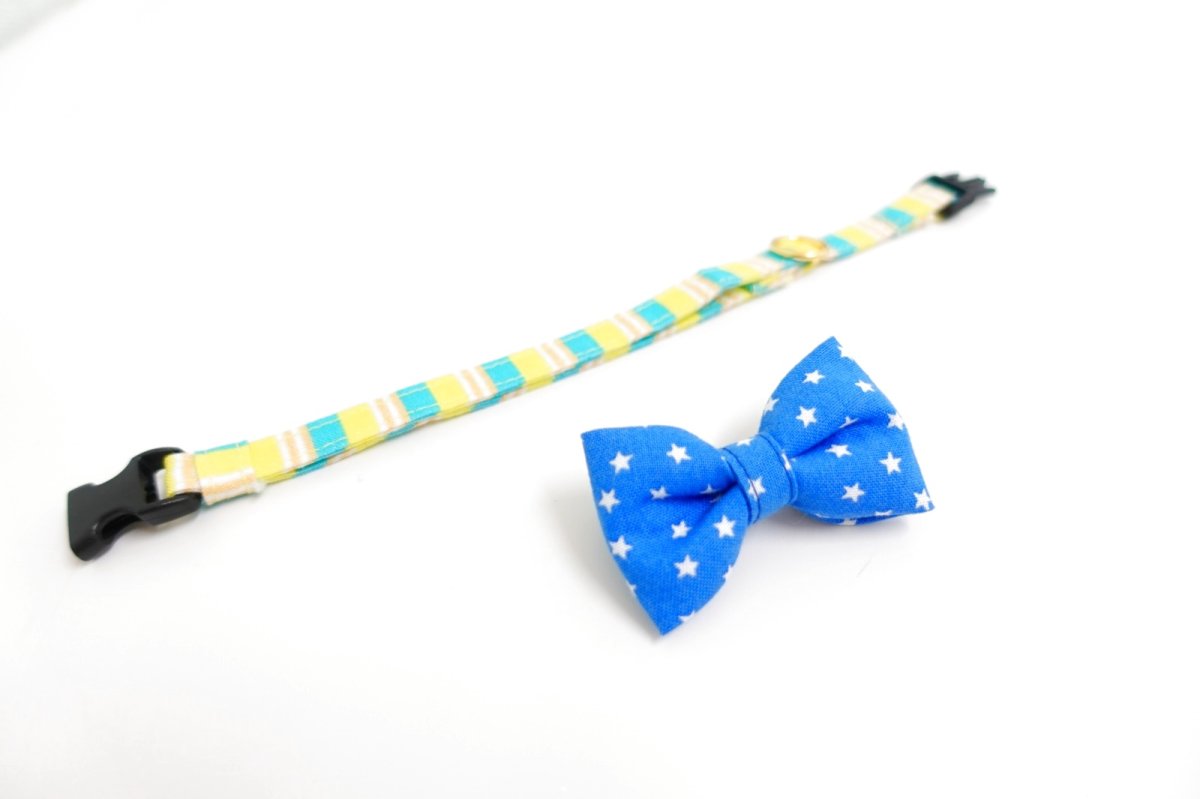 画像3: Nonbillieオリジナルボーダー柄・リボン首輪（イエロー×ブルー×ベージュ） (3)