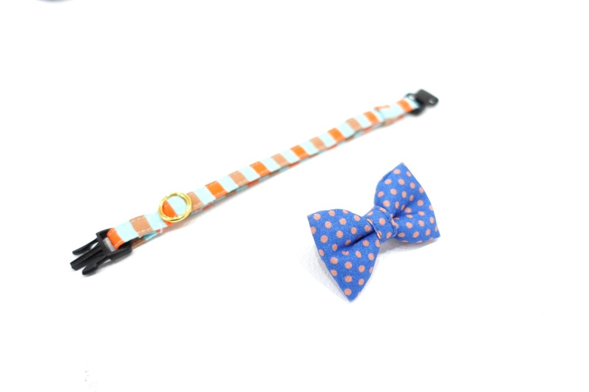 画像2: Nonbillieオリジナルボーダー柄・リボン首輪/ドット柄(オレンジ×ベージュ×水色) (2)