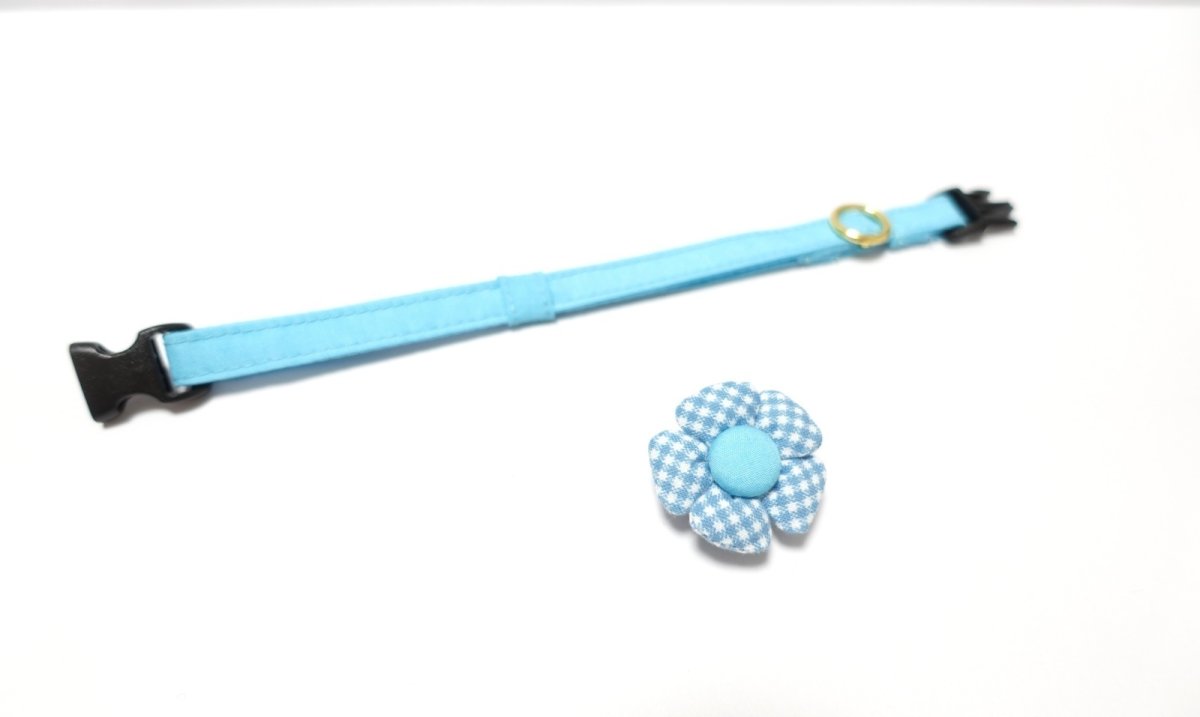 画像2: Basic gingham Check/ベーシックギンガムチェック/フラワーモチーフ猫首輪((水色) (2)