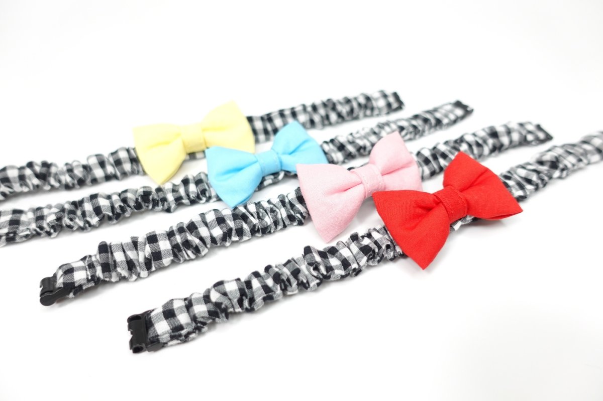 画像4: リボン・シュシュ猫首輪/セーフティーバックル付き/ブラックギンガム×無地リボン（ピンク） (4)