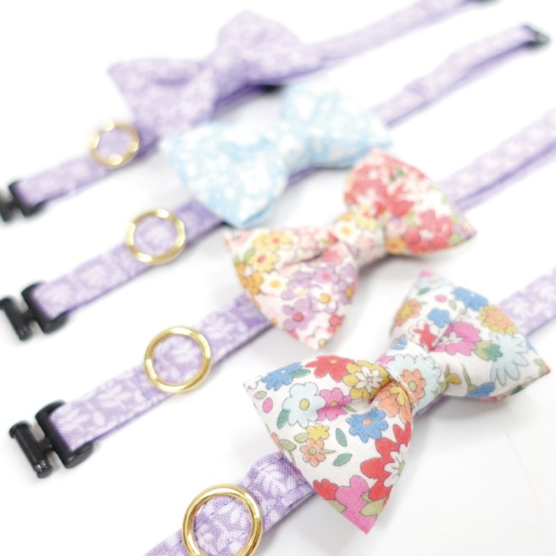 画像1: MODA・モダファブリックシリーズ・Georgia (ジョージア)・リボン猫首輪・(パープルリーフ柄リボン&小花柄首輪)