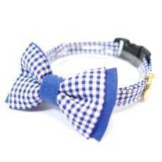 画像1: Ｂasic gingham Check/ベーシックギンガムチェック/ダブルリボン首輪（ブルー） (1)