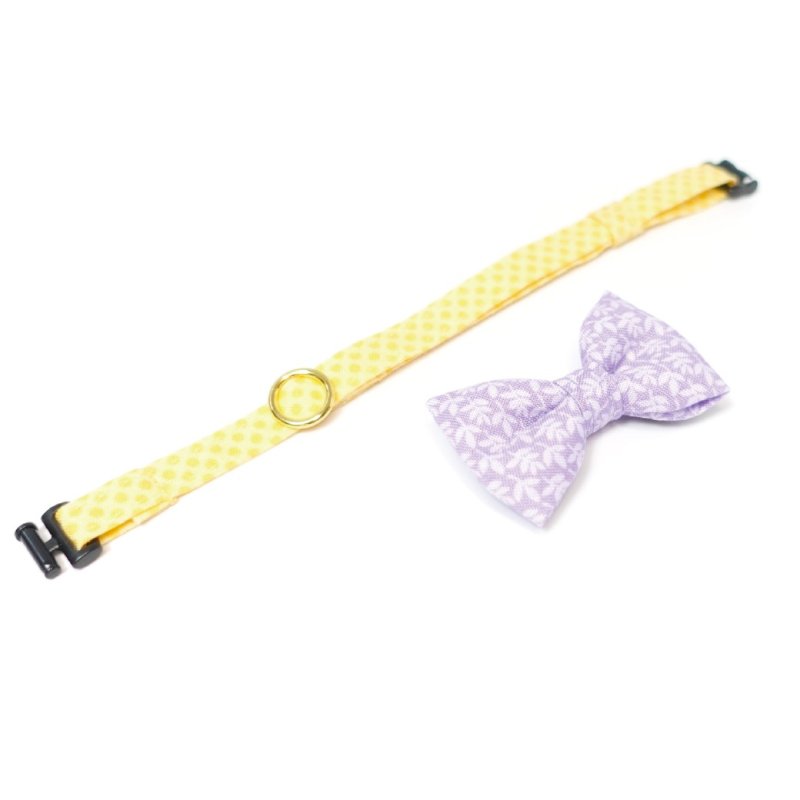 画像1: MODA・モダファブリックシリーズ・Georgia (ジョージア)・リボン猫首輪・(パープルリーフ柄×イエロードット首輪)