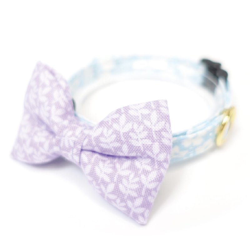 画像1: MODA・モダファブリックシリーズ・Georgia (ジョージア)・リボン猫首輪・(パープルリーフ柄リボン×水色首輪)