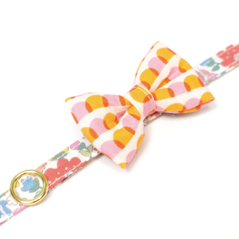 画像1: MODA・モダファブリックシリーズ・Ruby Star(ルビースター)・リボン猫首輪・(ピンク&オレンジリボン×ブルー系小花柄首輪)