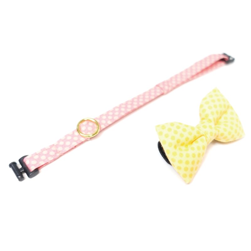 画像1: MODA・モダファブリックシリーズ・On The Bright Side(オンザブライトサイド)・リボン猫首輪・(イエロードットリボン×ピンクドット首輪)