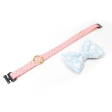画像3: MODA・モダファブリックシリーズ・Dainty Meadow（デインティメドウ）・リボン猫首輪・（水色リボン×ピンクドット首輪） (3)