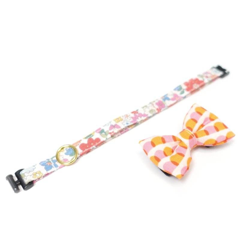 画像2: MODA・モダファブリックシリーズ・Ruby Star(ルビースター)・リボン猫首輪・(ピンク&オレンジリボン×ブルー系小花柄首輪)