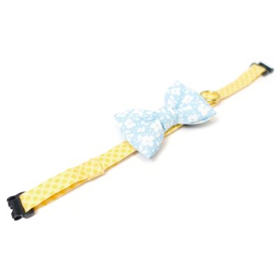 画像2: MODA・モダファブリックシリーズ・Dainty Meadow（デインティメドウ）・リボン猫首輪・（水色リボン×イエロードット首輪）