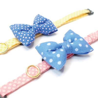 画像1: MODA・モダファブリックシリーズ・Ruby star（ルビースター）・リボン猫首輪・（ブルードットリボン×イエロードット首輪）
