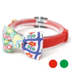 画像1: 昭和レトロな左右柄違い・ミニリボン猫首輪（P柄） (1)