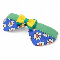 画像3: リボンチャーミー衿付首輪＆鈴付きダブルリボン（レトロなお花さんブルー）オレンジ・グリーン２色展開 (3)