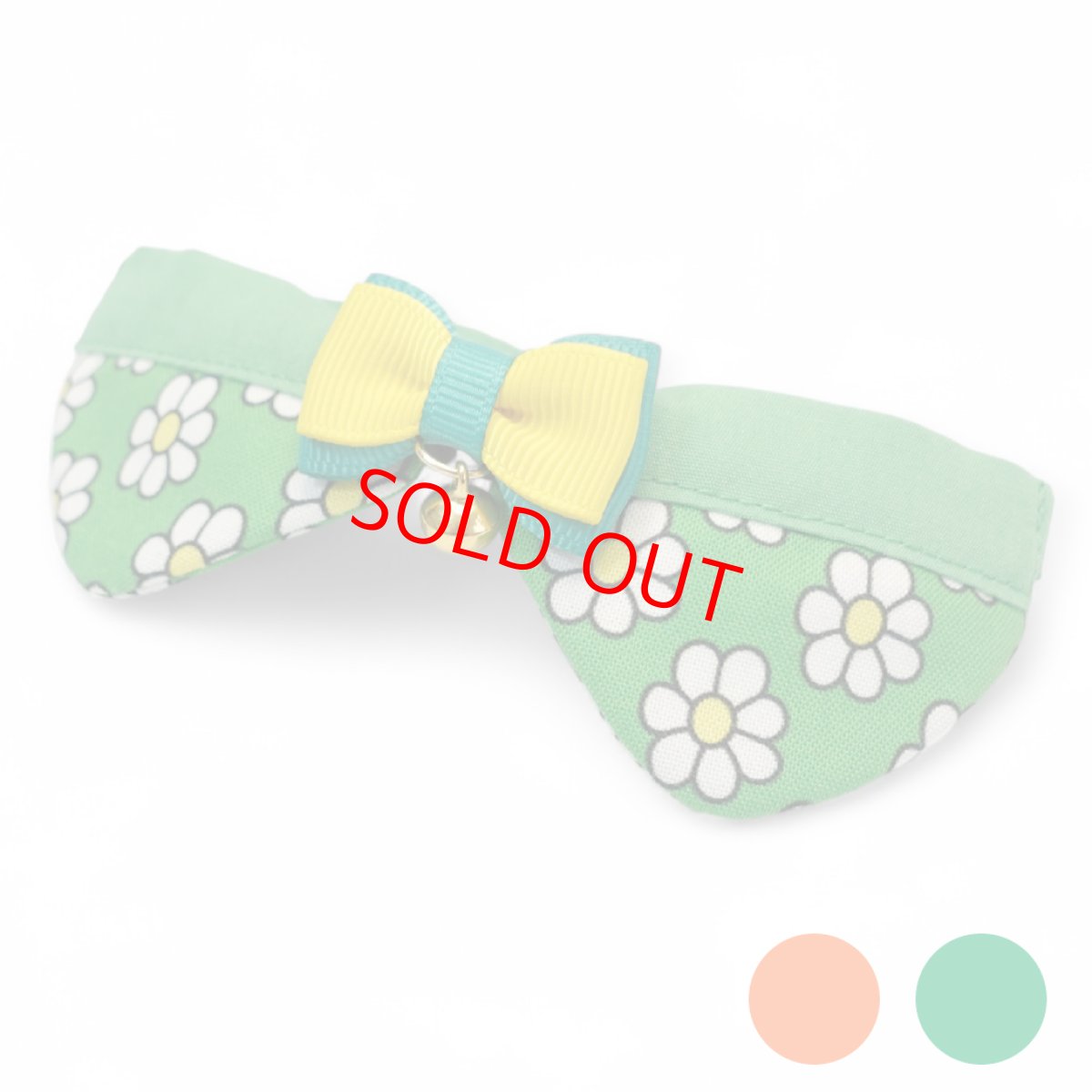 画像1: リボンチャーミー衿付首輪＆鈴付きダブルリボン（レトロなお花さんグリーン）オレンジ・グリーン２色展開 (1)