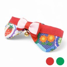 画像1: リボンチャーミー衿付首輪＆鈴付きダブルリボン（ヘキサゴンパッチ）レッド・グリーン２色展開 (1)