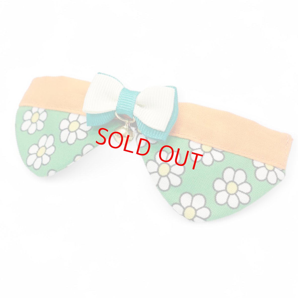 画像2: リボンチャーミー衿付首輪＆鈴付きダブルリボン（レトロなお花さんグリーン）オレンジ・グリーン２色展開 (2)