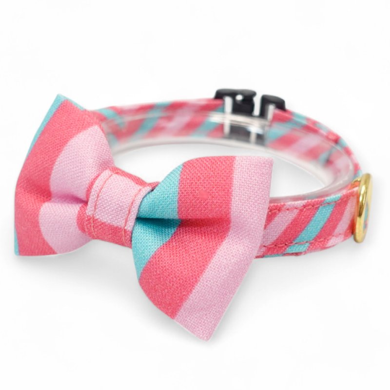 画像1: Nonbillieオリジナルボーダー柄・リボン猫首輪（ピンク×エメラルドグリーン）