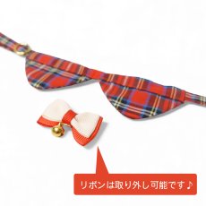 画像3: リボンチャーミー衿付首輪＆鈴付きダブルリボン（レッドタータンチェック）Mサイズ (3)