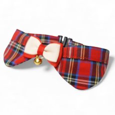 画像1: リボンチャーミー衿付首輪＆鈴付きダブルリボン（レッドタータンチェック）Mサイズ (1)