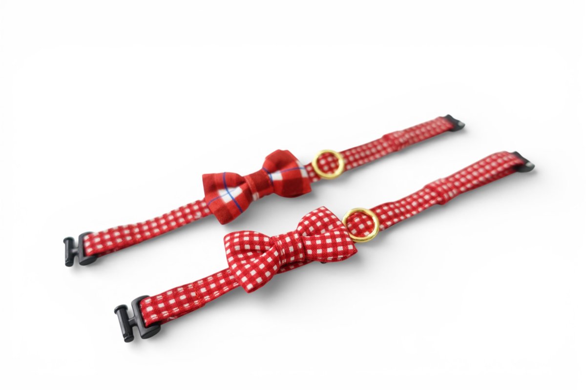 画像2: ミニリボン《とろける恋心コレクション 〜Red Check & Heart〜》リボンタイプの猫首輪（レッドブロックチェック）成猫・子猫/2サイズ展開 (2)