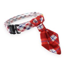 画像1: 《とろける恋心コレクション 〜Red Check & Heart〜》ネクタイ猫首輪（レッドブロックチェック×トリコロールチェック首輪） (1)