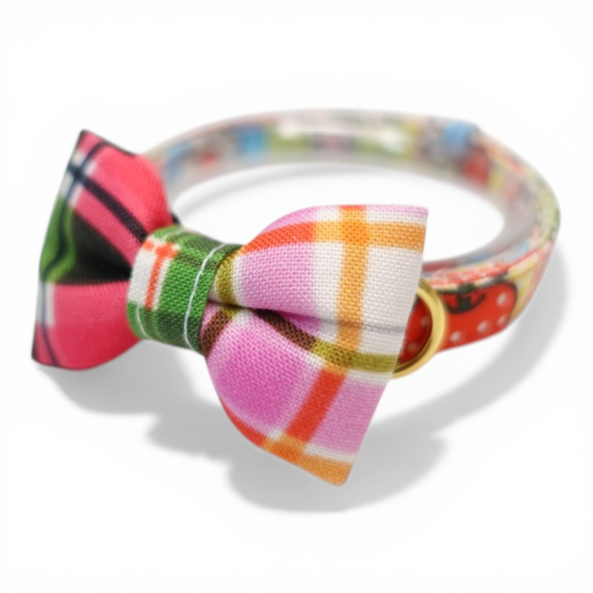 画像1: 世界にひとつの組み合わせ｜レトロリンゴ×手書きチェック 左右で柄が異なるリボン首輪【限定１点】K柄 (1)