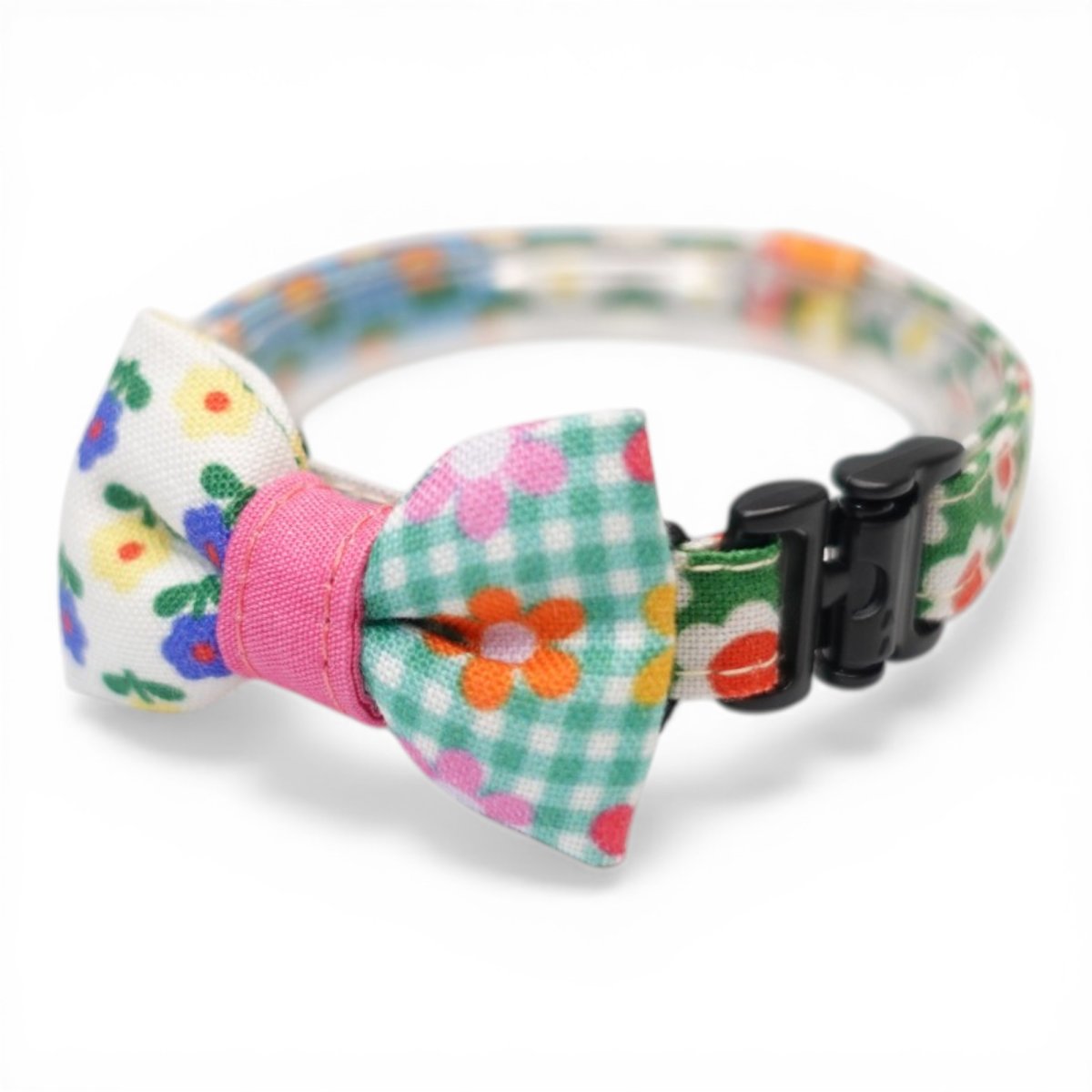 画像2: 懐かしさをまとう 昭和レトロフラワー｜左右で柄が異なるミニリボン首輪  A柄【限定1点】 (2)