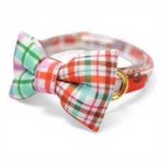 画像1: 世界にひとつの組み合わせ｜レトロリンゴ×手書きチェック 左右で柄が異なるリボン首輪【限定１点】J柄 (1)