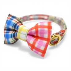画像1: 世界にひとつの組み合わせ｜レトロリンゴ×手書きチェック 左右で柄が異なるリボン首輪【限定１点】L柄 (1)