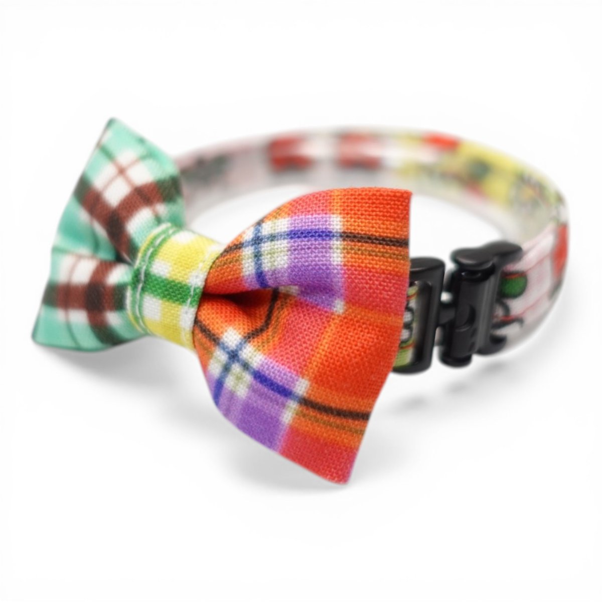 画像2: 世界にひとつの組み合わせ｜レトロリンゴ×手書きチェック 左右で柄が異なるリボン首輪【限定１点】L柄 (2)