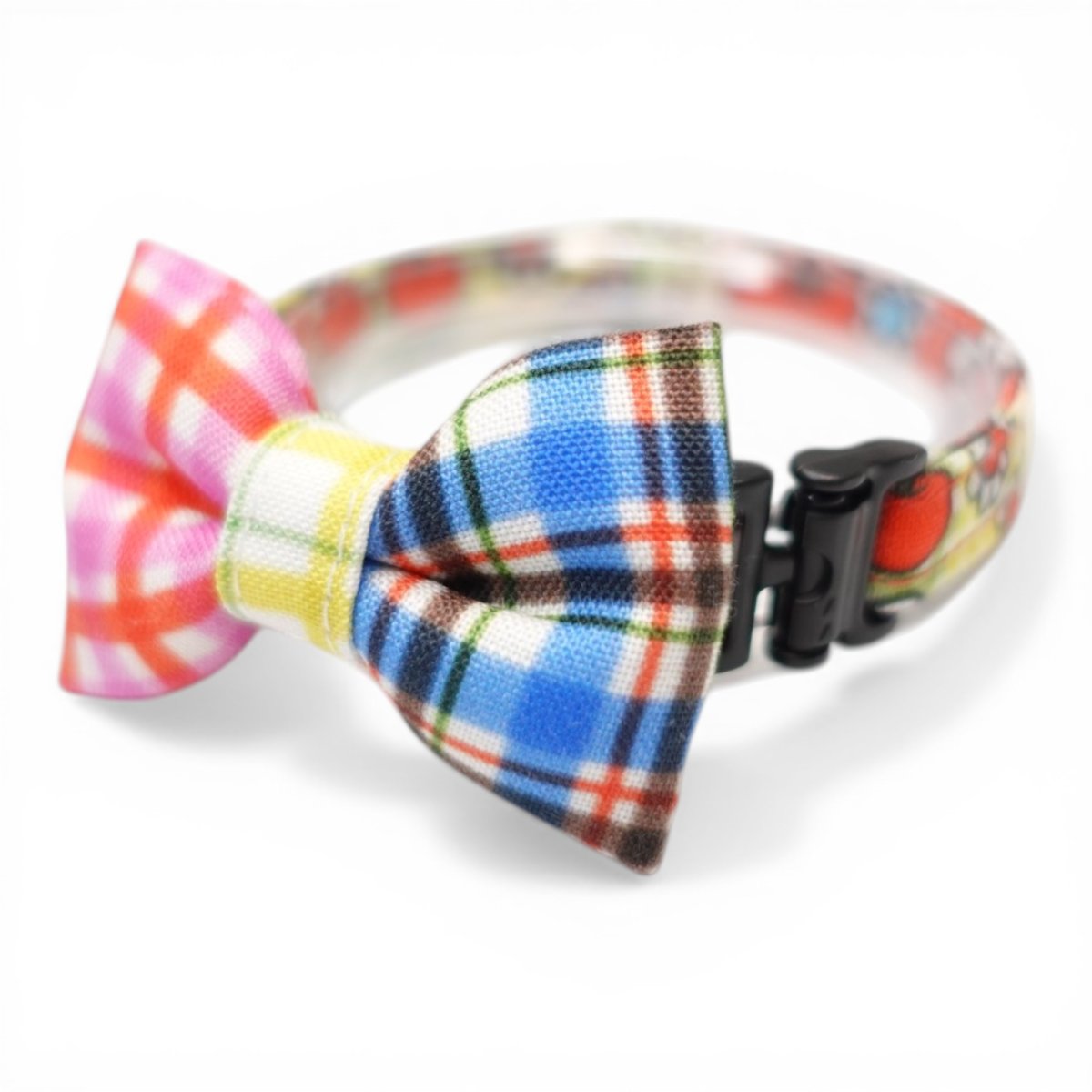 画像2: 世界にひとつの組み合わせ｜レトロリンゴ×手書きチェック 左右で柄が異なるリボン首輪【限定１点】L柄 (2)
