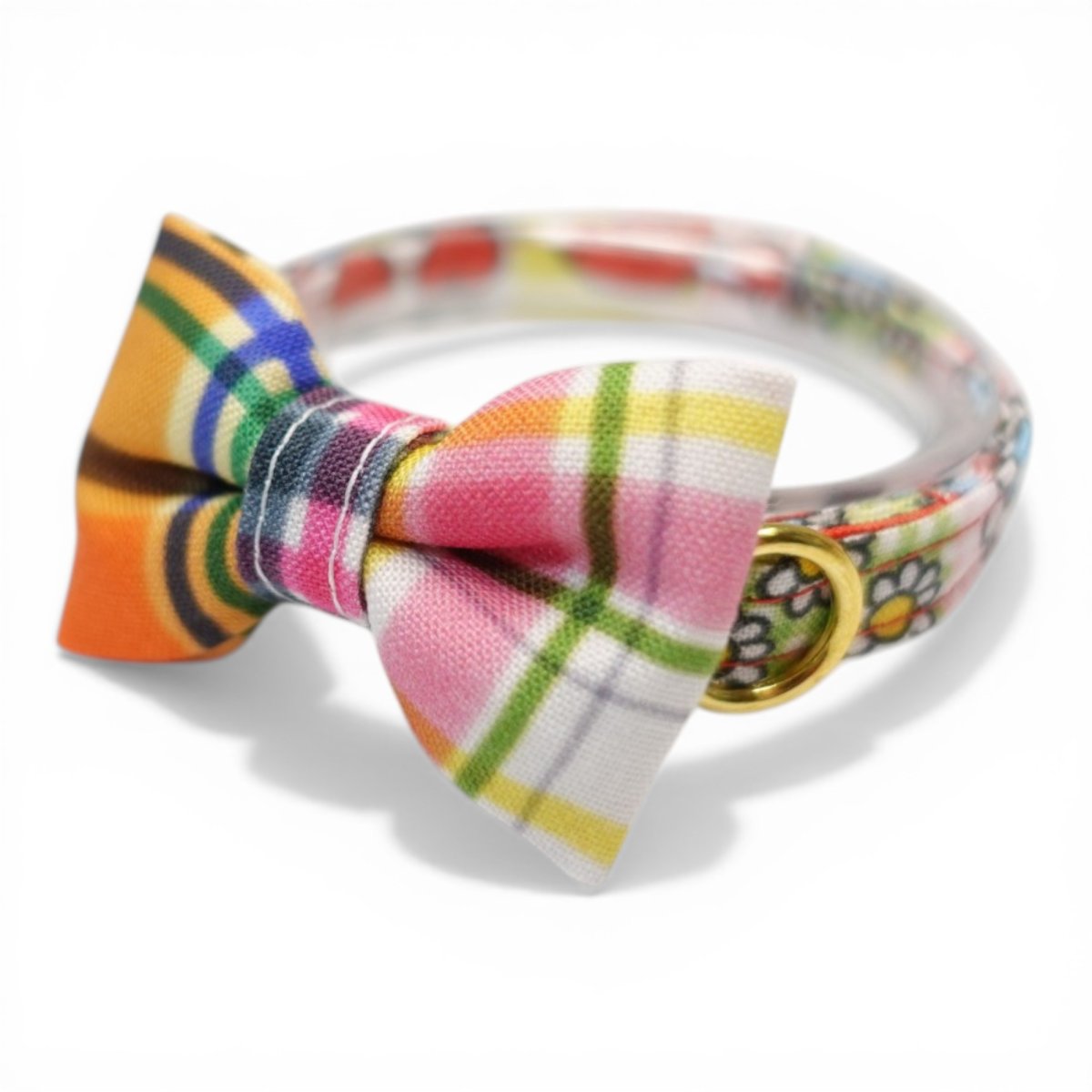 画像1: 世界にひとつの組み合わせ｜レトロリンゴ×手書きチェック 左右で柄が異なるリボン首輪【限定１点】M柄 (1)