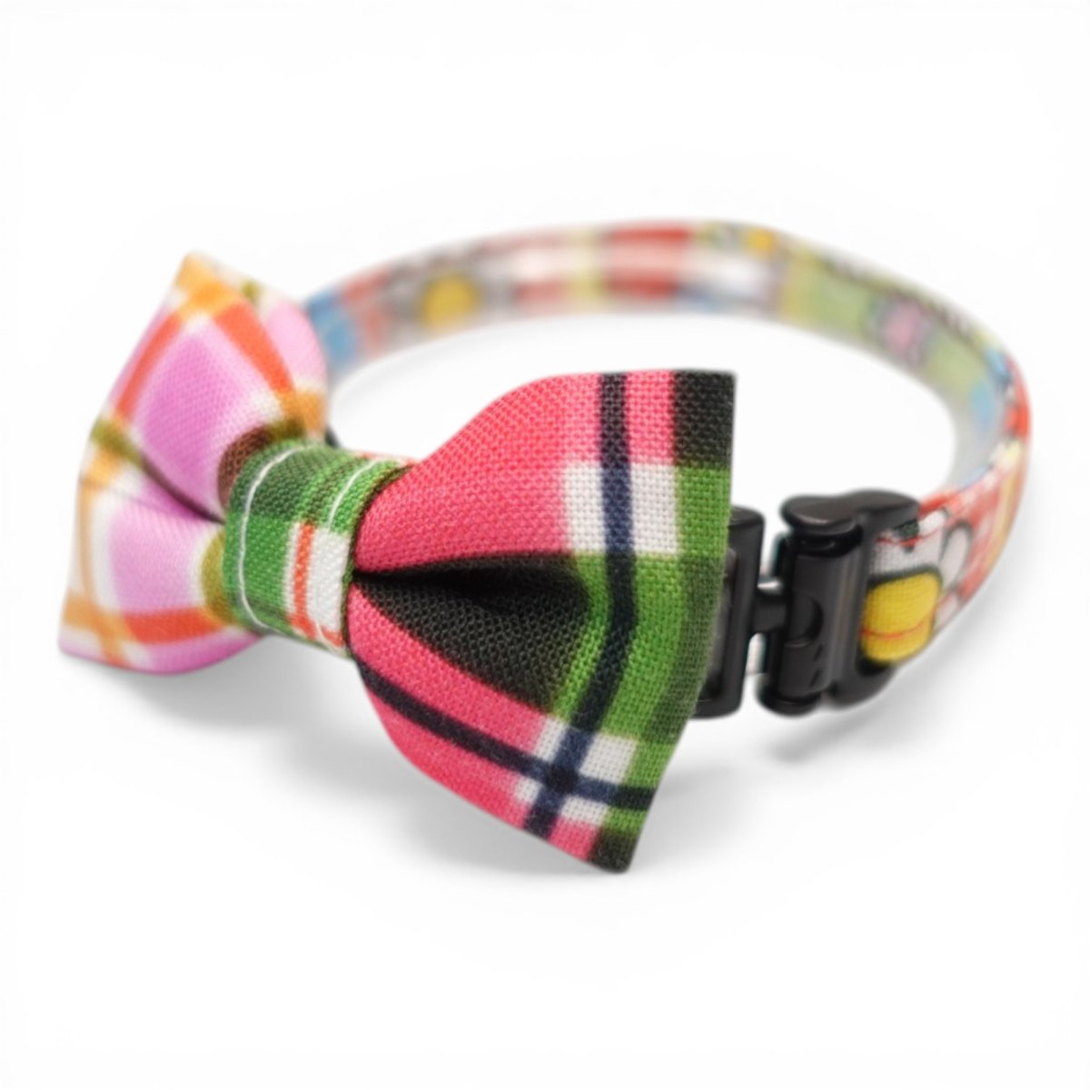 画像2: 世界にひとつの組み合わせ｜レトロリンゴ×手書きチェック 左右で柄が異なるリボン首輪【限定１点】K柄 (2)