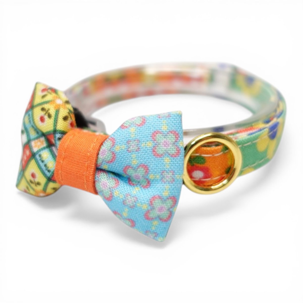 画像1: 懐かしさをまとう 昭和レトロフラワー｜左右で柄が異なるミニリボン首輪  J柄【限定1点】 (1)