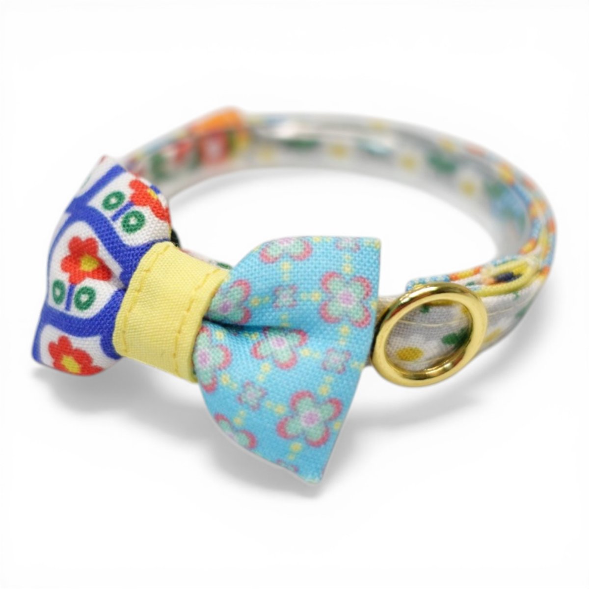 画像1: 懐かしさをまとう 昭和レトロフラワー｜左右で柄が異なるミニリボン首輪  B柄【限定1点】 (1)