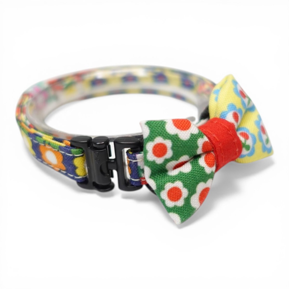 画像2: 懐かしさをまとう 昭和レトロフラワー｜左右で柄が異なるミニリボン首輪  F柄【限定1点】 (2)