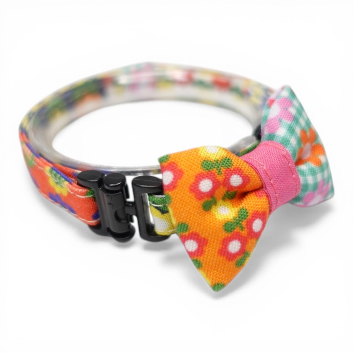 画像2: 懐かしさをまとう 昭和レトロフラワー｜左右で柄が異なるミニリボン首輪  K柄【限定1点】 (2)