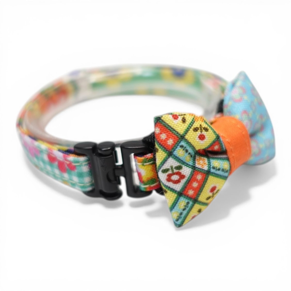 画像2: 懐かしさをまとう 昭和レトロフラワー｜左右で柄が異なるミニリボン首輪  J柄【限定1点】 (2)